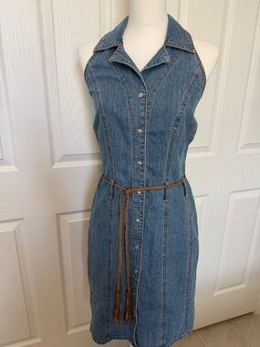 Vintage denim French Cuff halter Midi Dress with snap  buttons  western Y2K✨